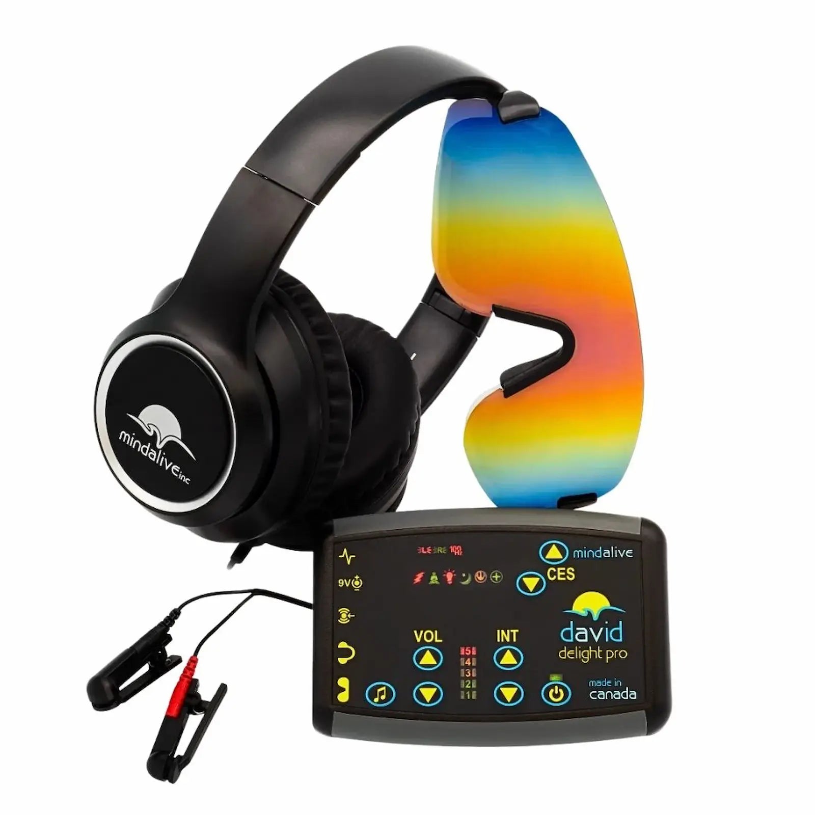 DAVID Delight Pro set from MindAlive with color visor CES clips and AVE glasses on a white background.