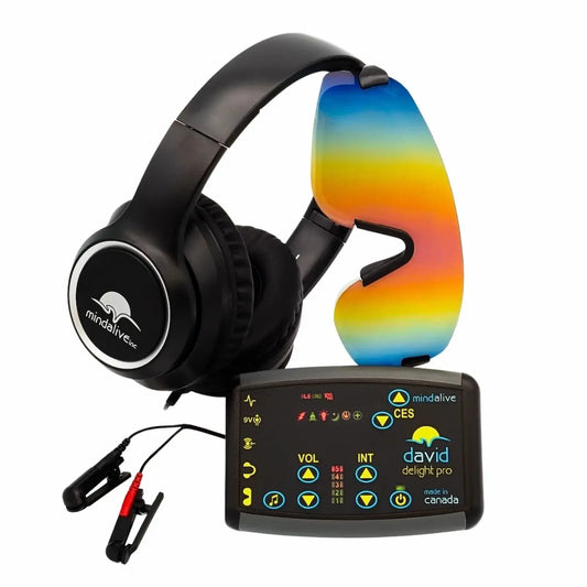 DAVID Delight Pro set from MindAlive with color visor CES clips and AVE glasses on a white background.