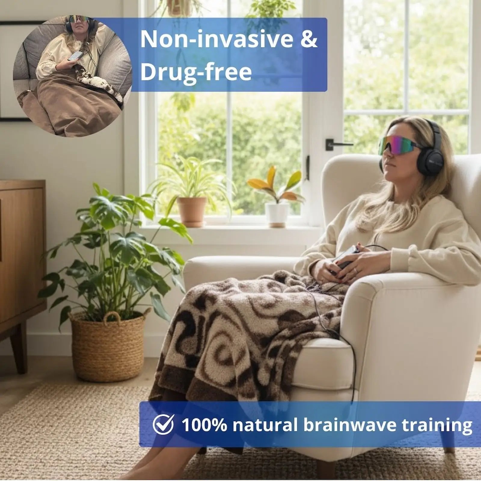 Woman sitting in a chair using the DAVID Delight Pro with color visor and headphones while relaxing at home.