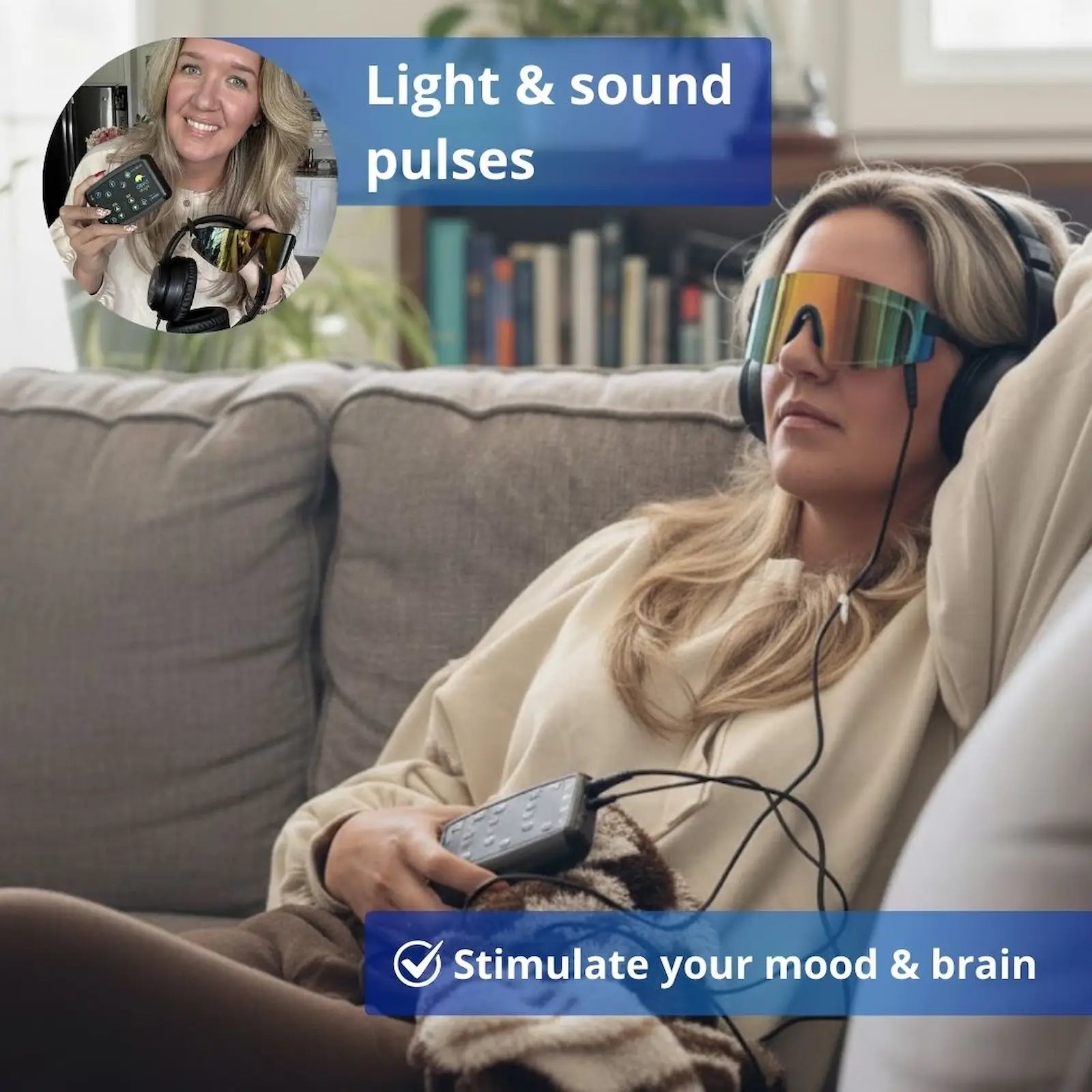 Woman relaxing on a couch using the DAVID Delight Pro with color visor and headphones during a light and sound session.