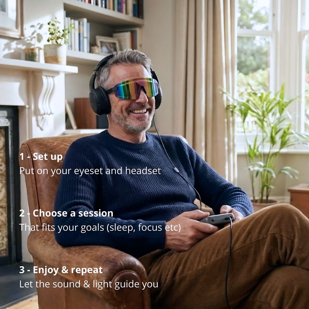 “Man using DAVID Premier device while sitting in a chair relaxed and stress free”