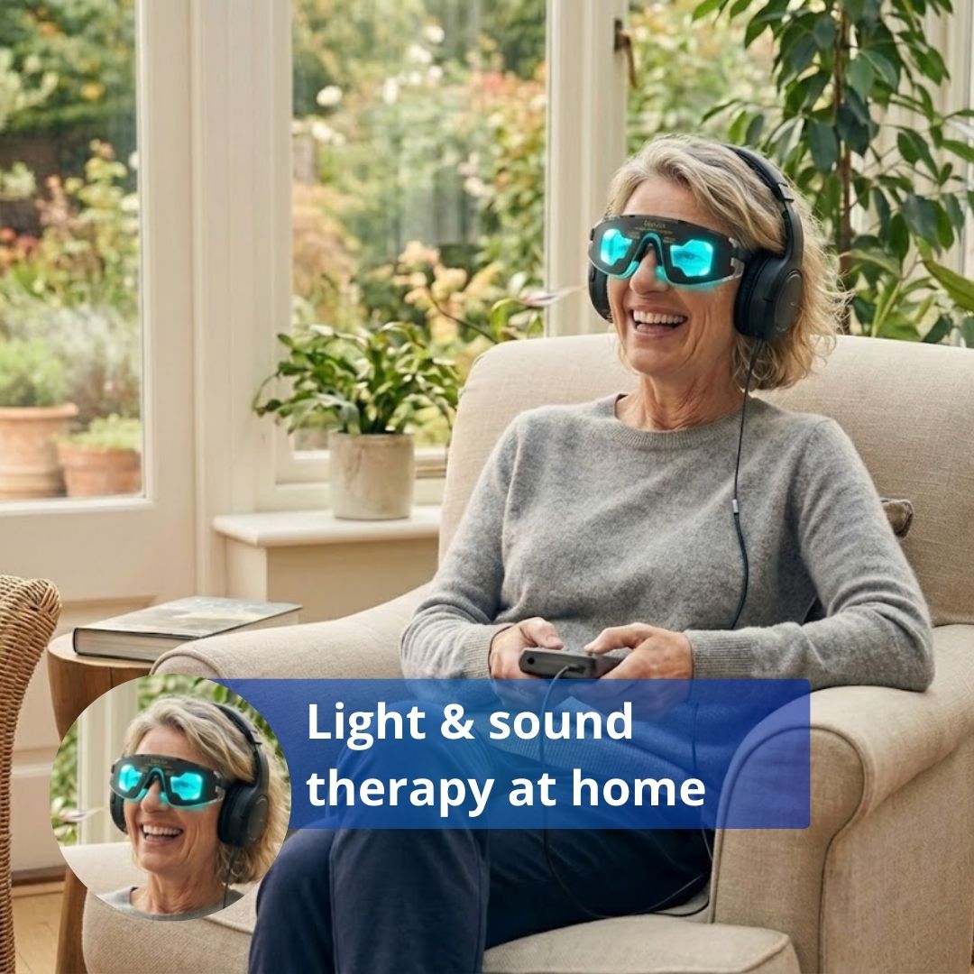 “Woman relaxing in an armchair at home using the DAVID Premier AVE & CES device, wearing light goggles and headphones for light and sound therapy.”